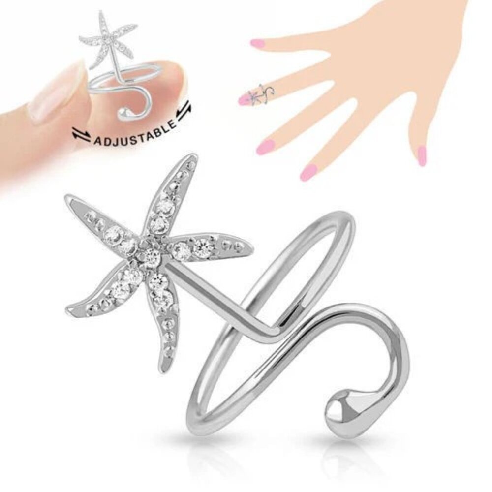 ADJUSTABLE RHODIUM PLATED BRASS STARFISH NAIL-RING WITH CZS